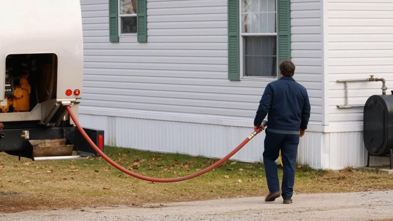 Heating oil delivery truck filling a home oil tank in Patchogue, NY